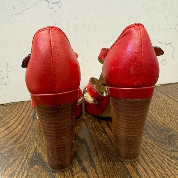 Coach | Shoes | Coach Joanne Gold Pebble Leather Heeled  Coach red Leather heel sandal with gold buckles size 7.5 women’s Joanne